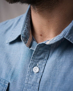 Close-up of spread collar and indigo yarn dye detail on Ace Rivington Weekend Shirt