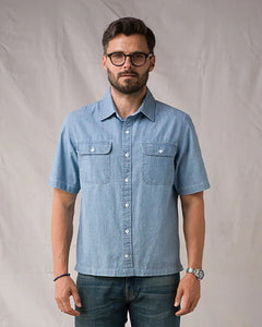 Ace Rivington Weekend Shirt Medium Indigo worn untucked on model front view