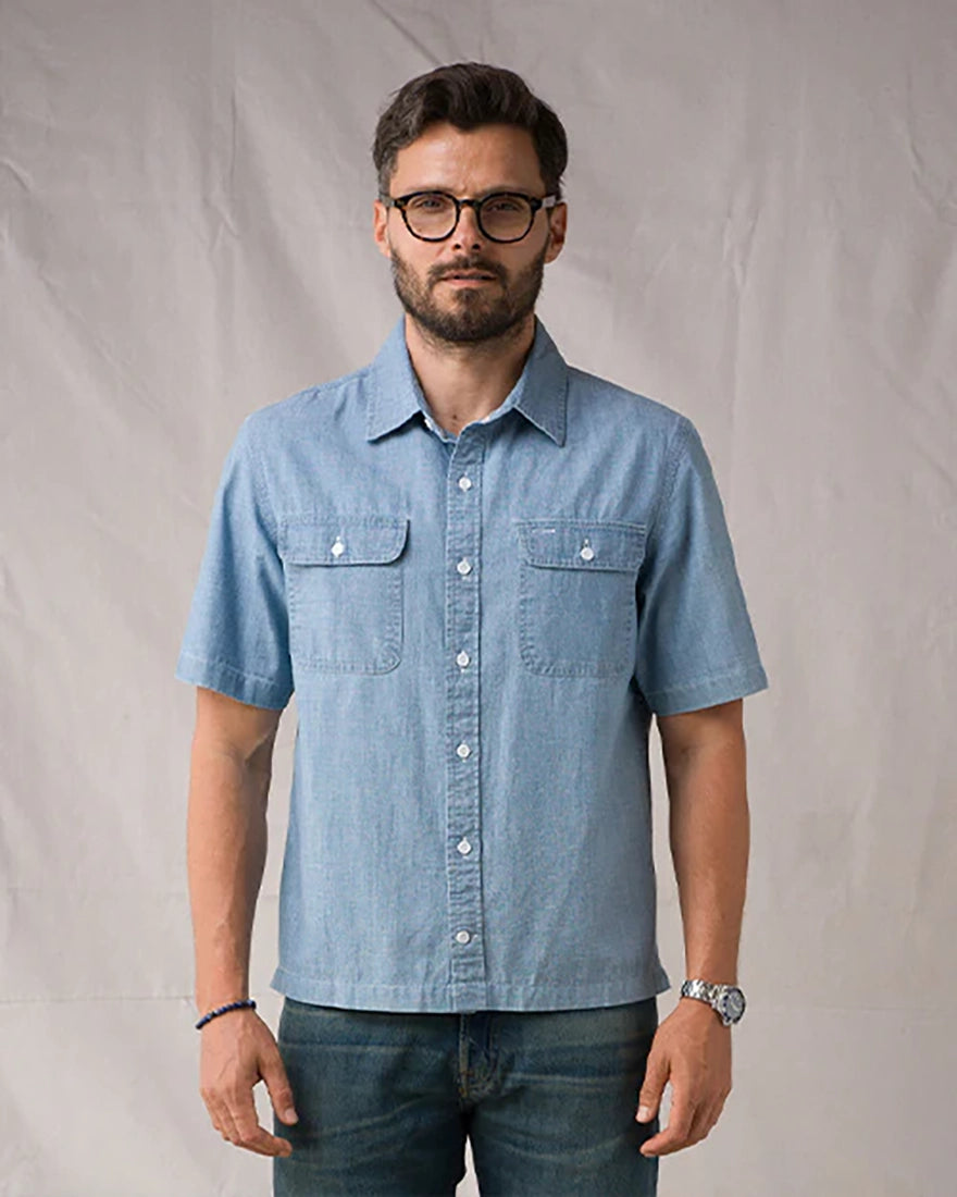 Ace Rivington Weekend Shirt Medium Indigo worn untucked on model front view