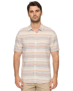 Man wearing Flag and Anthem Westmont stripe linen shirt front view – cream tan blush slate horizontal stripe men's short sleeve button-down
