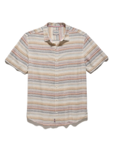 Flag and Anthem Westmont linen blend shirt flat lay – natural multi-stripe short sleeve button-down 30% linen 70% rayon men's shirt white background