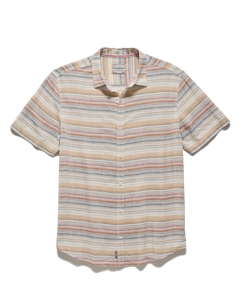 Flag and Anthem Westmont linen blend shirt flat lay – natural multi-stripe short sleeve button-down 30% linen 70% rayon men's shirt white background