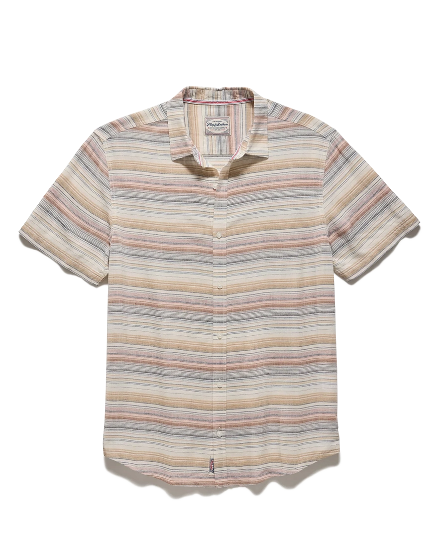 Flag and Anthem Westmont linen blend shirt flat lay – natural multi-stripe short sleeve button-down 30% linen 70% rayon men's shirt white background