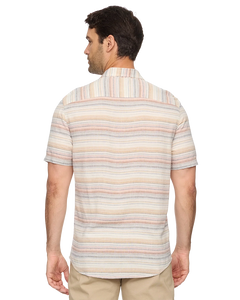 Back view of Flag and Anthem Westmont shirt in natural multi-stripe – linen rayon blend short sleeve men's button-down tailored fit
