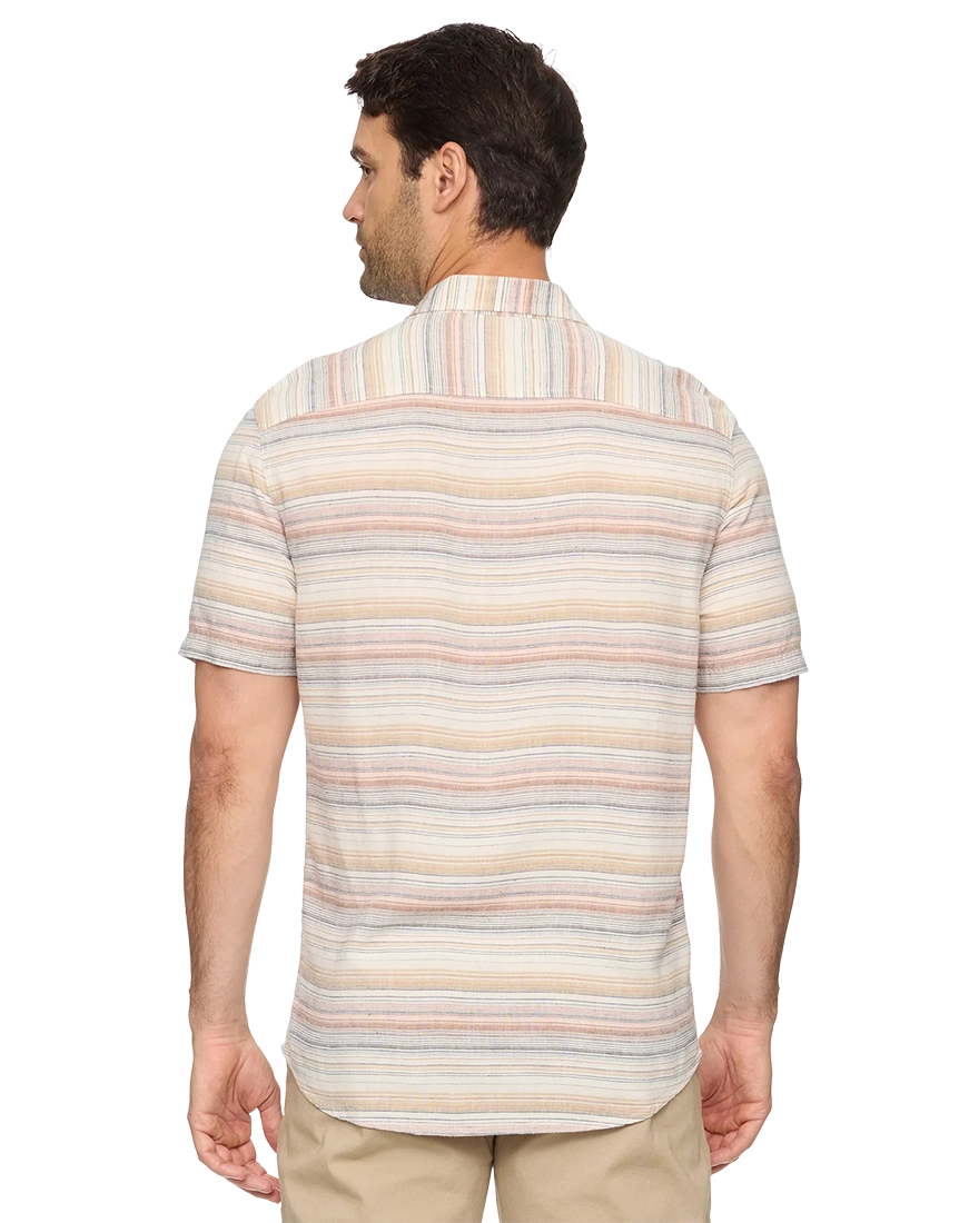 Back view of Flag and Anthem Westmont shirt in natural multi-stripe – linen rayon blend short sleeve men's button-down tailored fit
