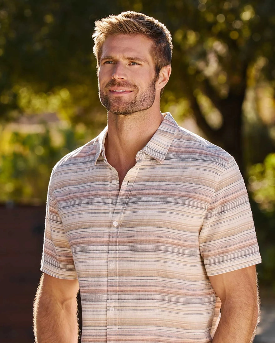 Flag and Anthem Westmont shirt upper body close-up – warm multi-stripe linen blend fabric detail men's short sleeve button-down natural tones

