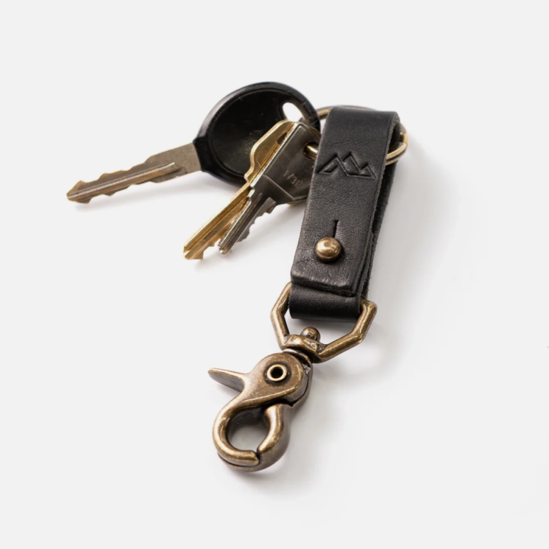 Black leather keychain with brass hardware clipped to keys