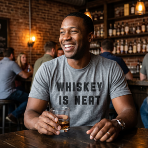 Man wearing Whiskey Is Neat heather gray graphic tee at bar holding whiskey glass — The Simple Man men's tri-blend graphic tee
