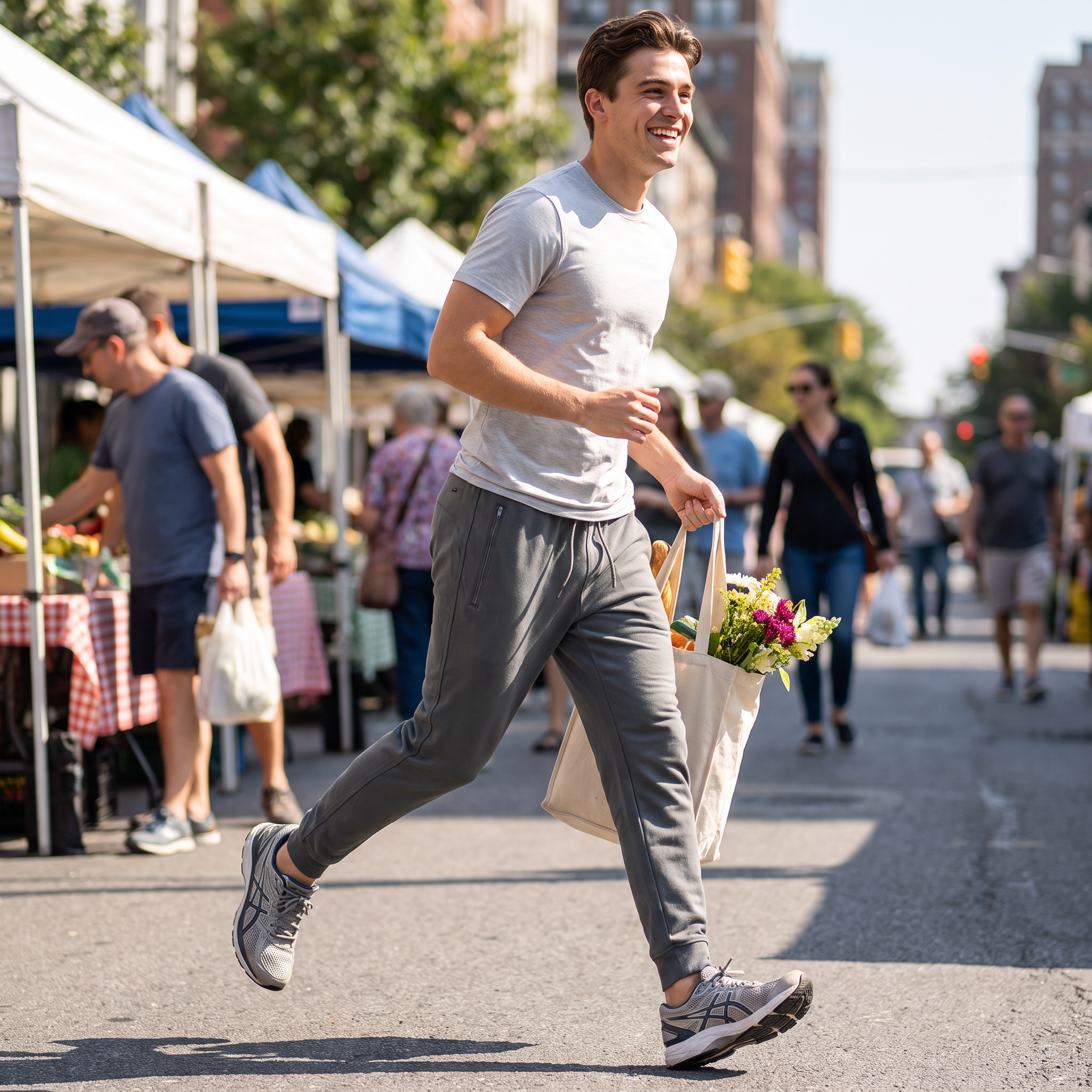 Man wearing Woodland Jogger in Agave running through farmers market with tote bag of flowers and bread - The Simple Man