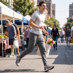 Man wearing Woodland Jogger in Agave running through farmers market with tote bag of flowers and bread - The Simple Man