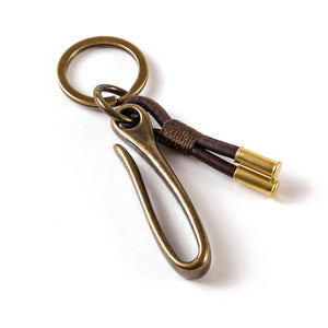 Tres Cuervos Sage Key Chain with solid brass belt hook and flat ring, brown leather