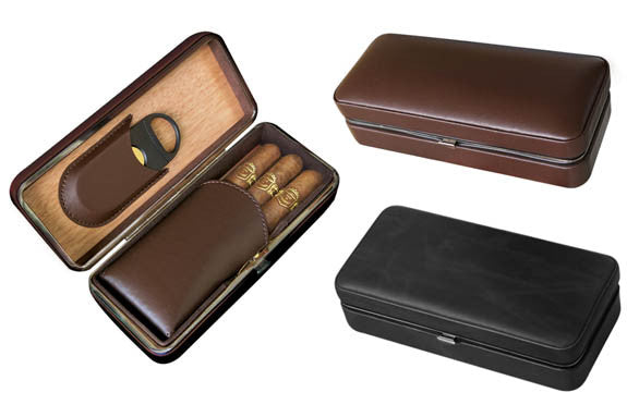 3 Cigar Folding Leather Case Brn