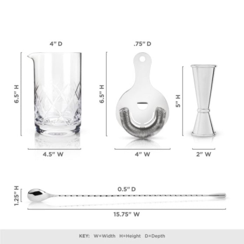Viski 4 piece stainless steel barware set individual pieces with dimensions