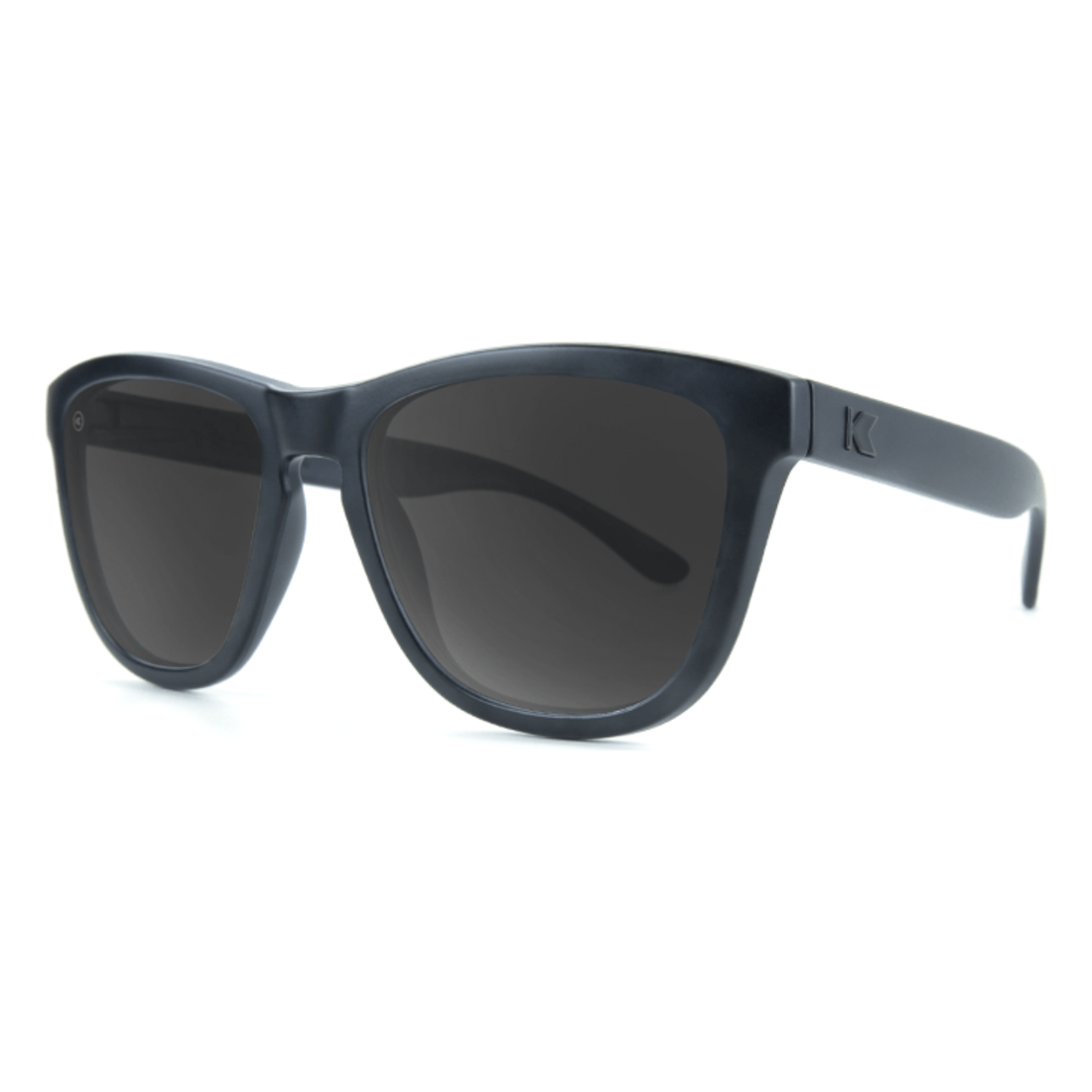 Premiums sunglasses in black with smoke lenses, angled view, The Simple Man