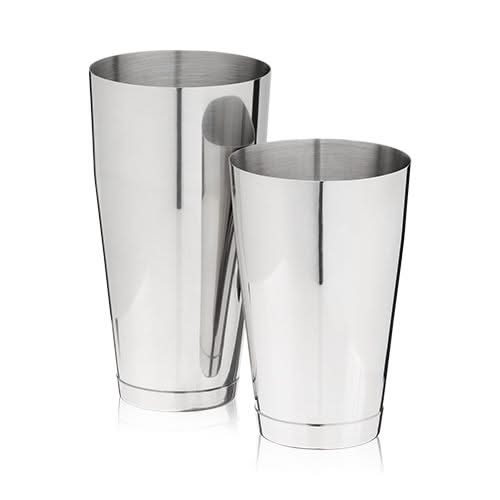 Two silver metal tumblers on a white background