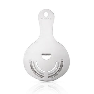 Metallic strainer with 'Viski' branding on a white background