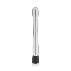 Metallic muddler tool with black end on a white background