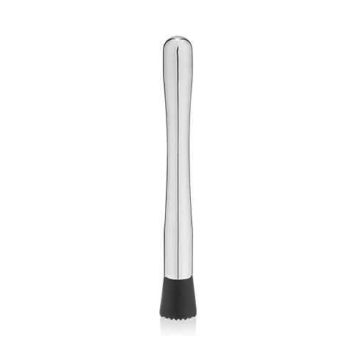 Metallic muddler tool with black end on a white background