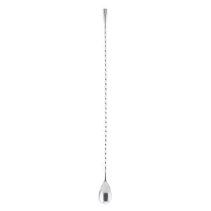 Metallic spoon with a long handle on a white background