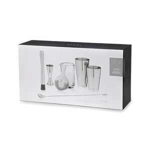 Set of stainless steel barware with packaging on a white background