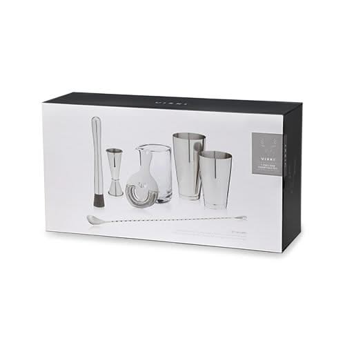 Set of stainless steel barware with packaging on a white background