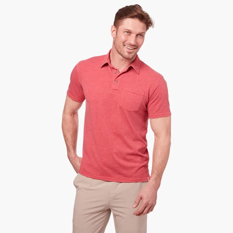 Model Wearing Fair Harbor Atlantic Polo in Red Front View
