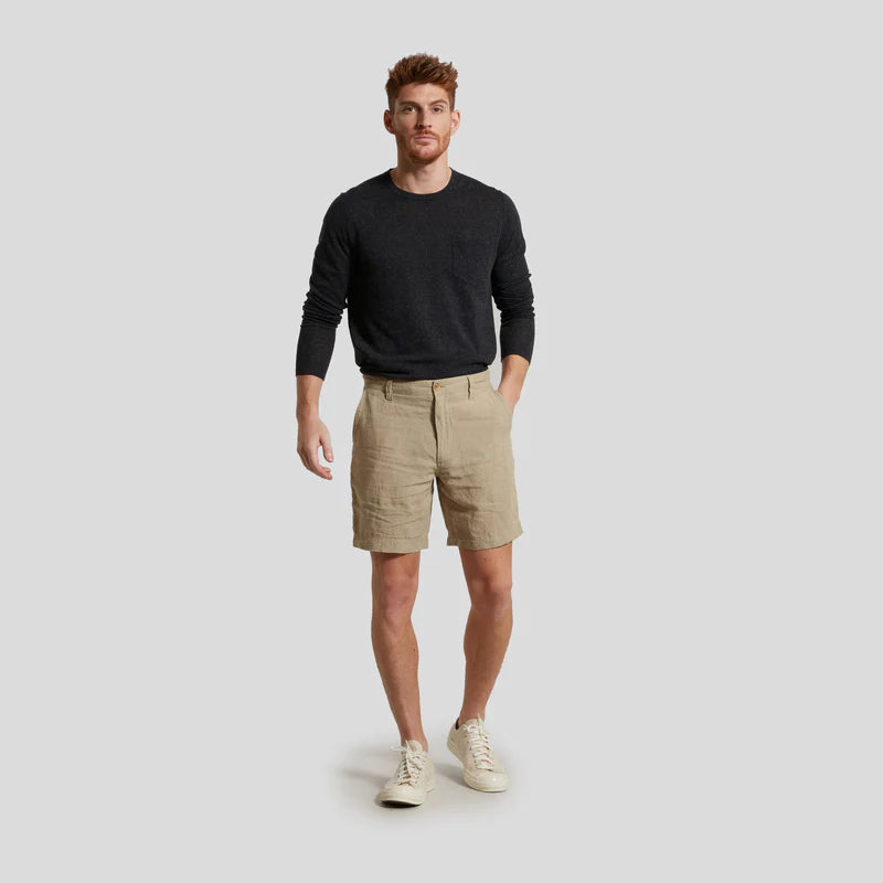 Model Wearing Grayers Adventura washed linen shorts in safari color Front View