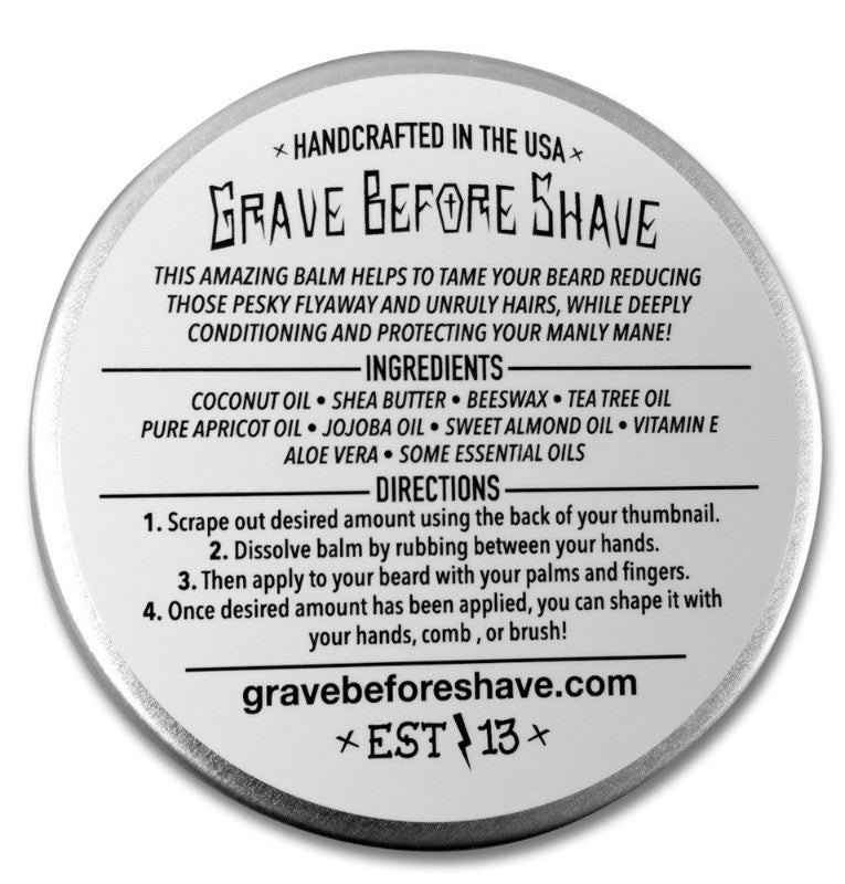 Grave Before Shave Beard balm back label showing ingredients