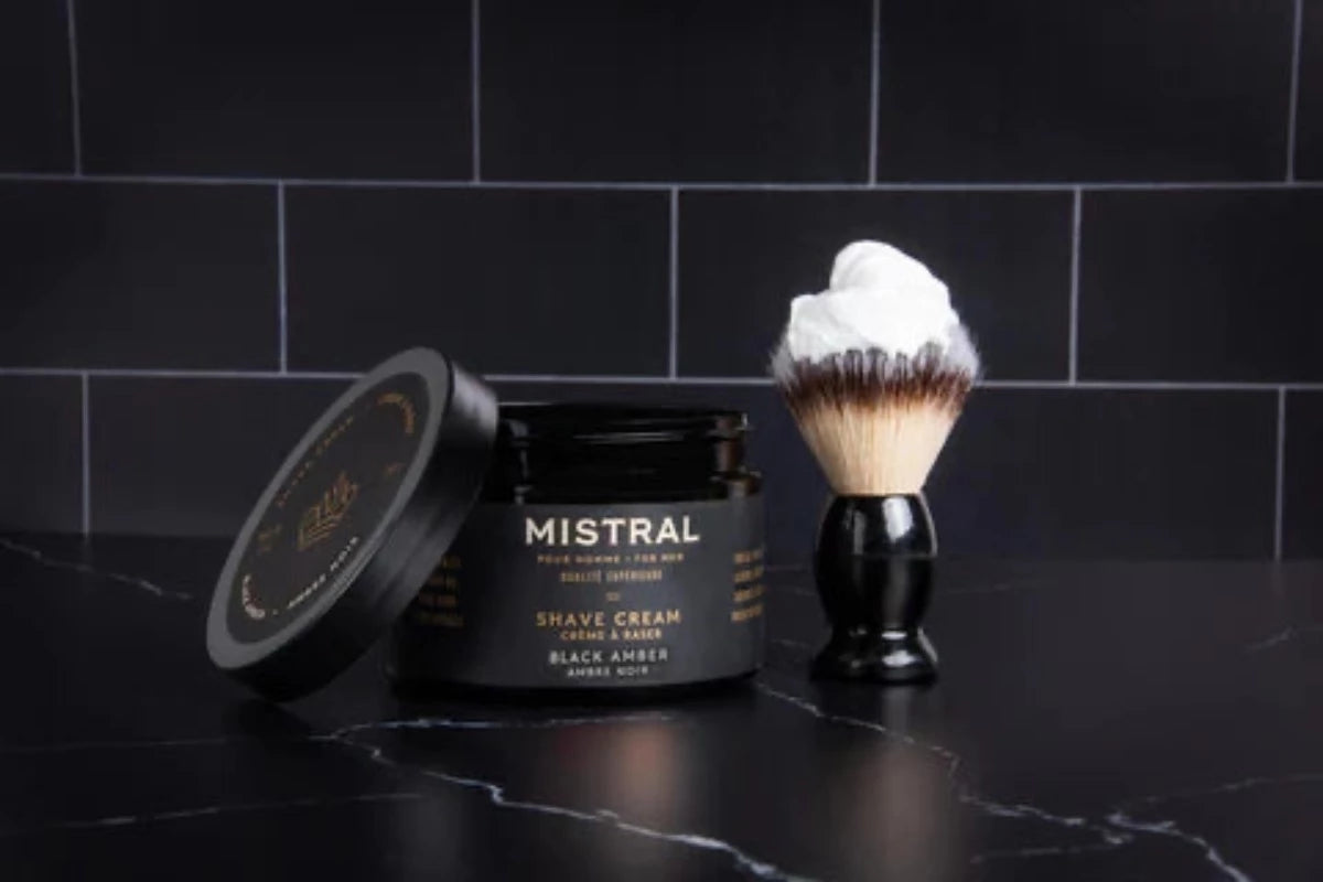Mistral Black Amber Shave Cream open view of container with brush