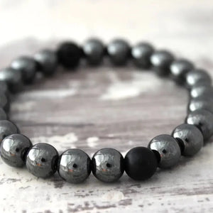 Black Hematite Mens Bracelet with Matte Black Onyx & Lava Stone- 8mm Bead