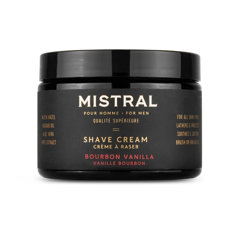 Mistral Bourbon Vanilla Shave Cream Front view of Container