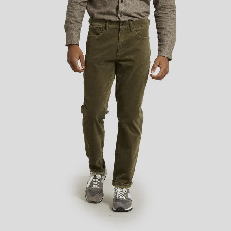 Model Wearing Grayers Burlington corduroy 5 pocket pants in Dusty Olive Front  View