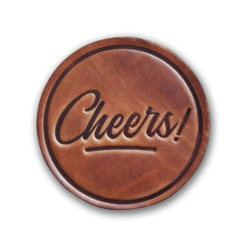 Sugarhouse Leather Coaster stamped with "CHEERS!"