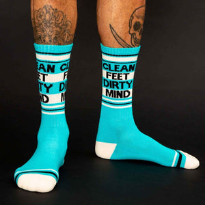 Model Wearing Gumball Poodle Ribbed GymSock with "Clean Feet Dirty Mind" woven in  Edit alt text