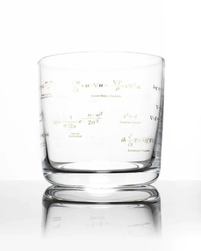 Equations That changed the world whiskey glass with gold print
