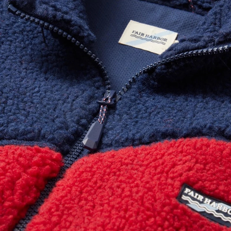 Fair Harbor Bayshore Fleece Jacket in red and navy wave flat lay  close up View