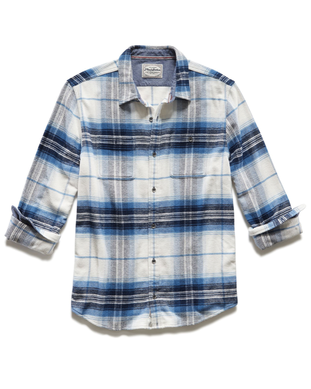 White and Blue Large Pane Plaid Flannel Shirt