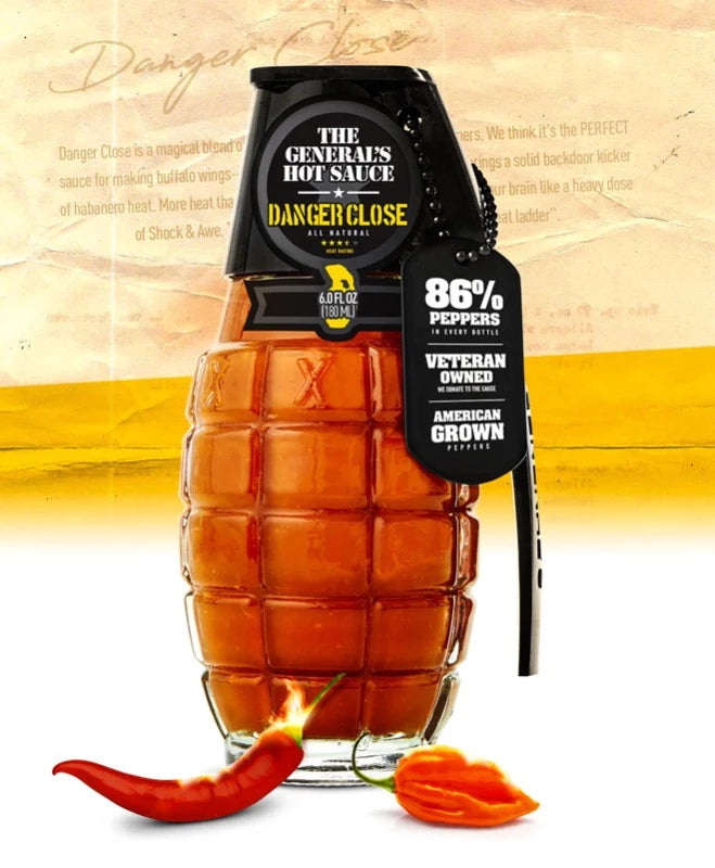 The General's Hot Sauce Danger Close Flavor in a Grenade Shaped Bottle