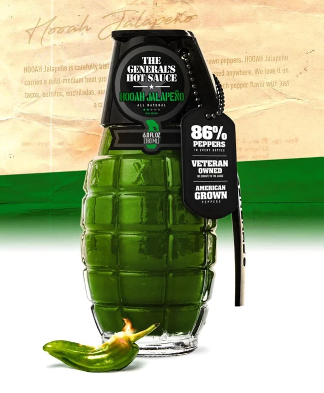 The General's Hot Sauce HOOAH Jalapeño Flavor in a grenade Shape Bottle