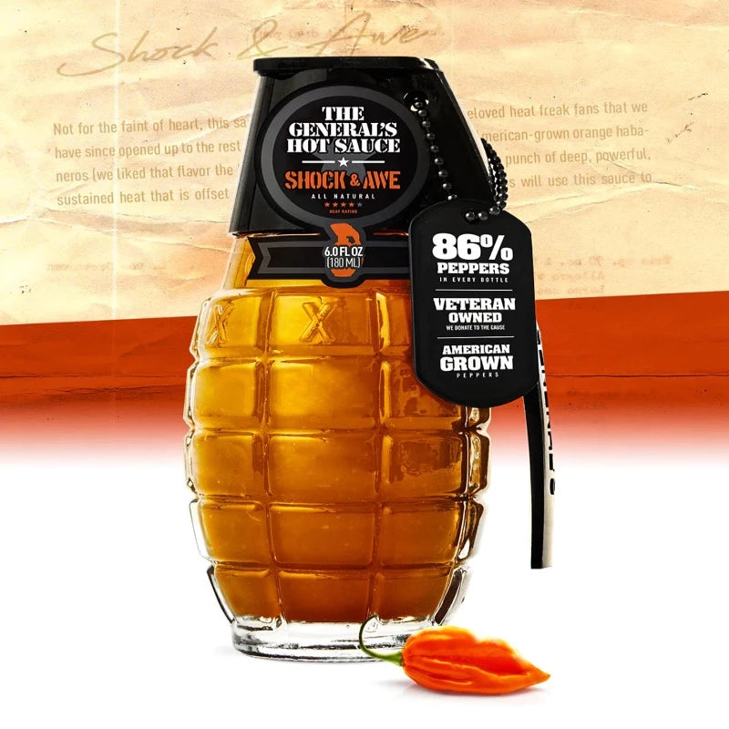 The General's Hot Sauce Shock and Awe Flavor in a Grenade Shaped bottle