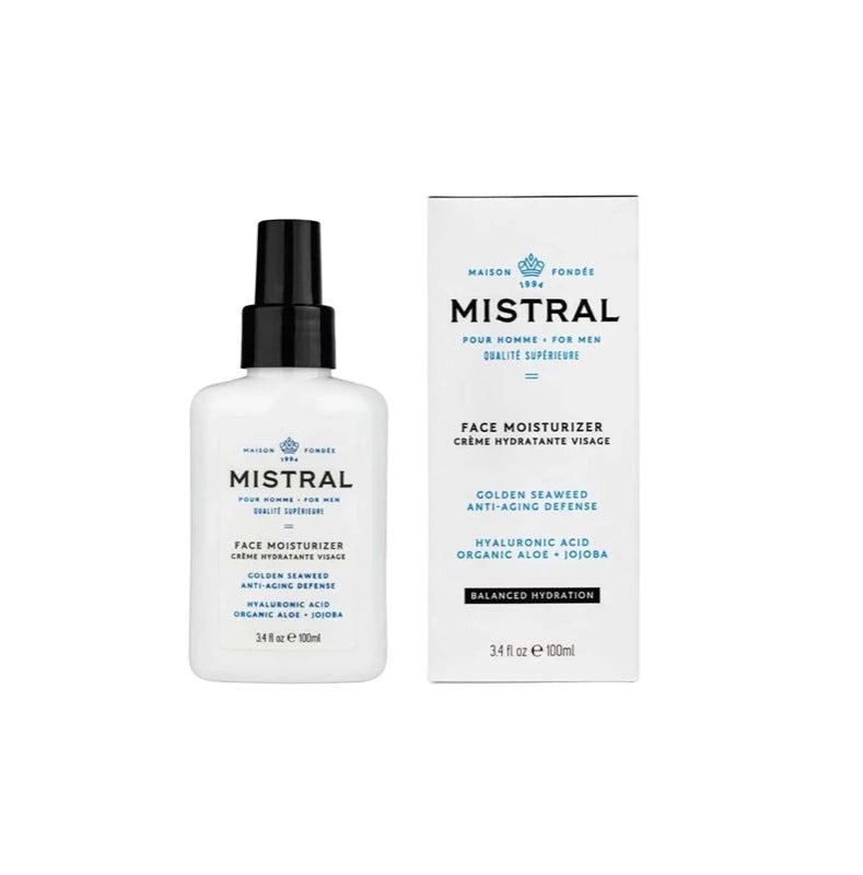 Mistral Men's Face Moisturizer front view of container and packaging
