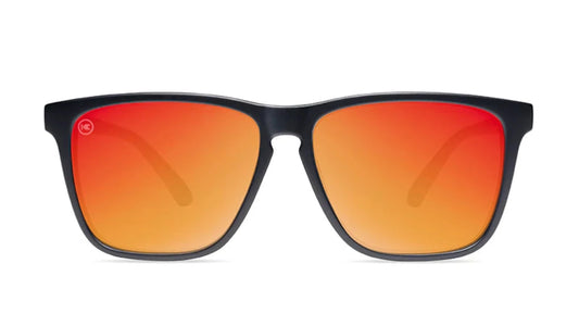 Knockaround Fast lane Sunglasses in Matte Black with Red Sunset lenses front view