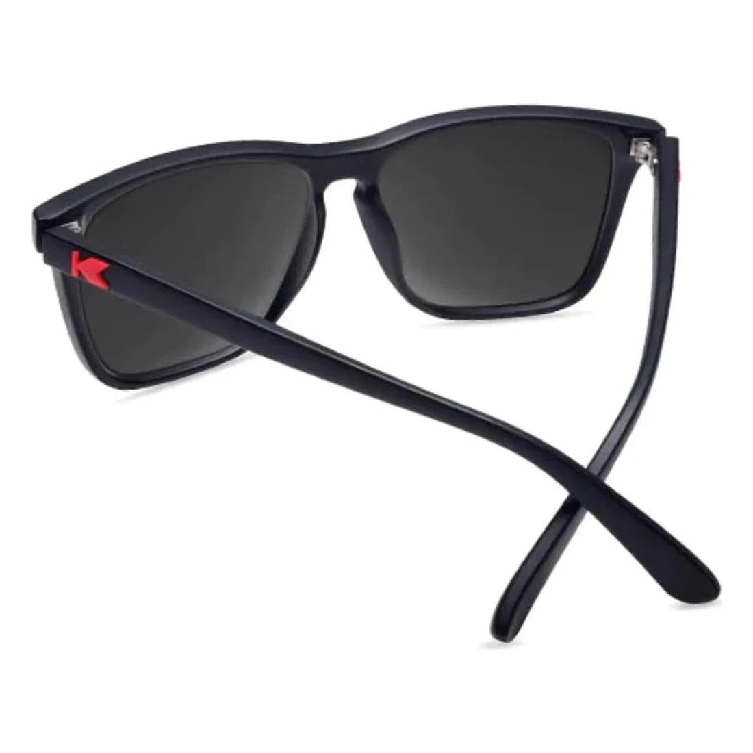 Fast Lanes sunglasses in matte black with red sunset lenses, back view, The Simple Man