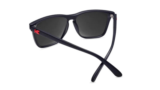 Knockaround Fast lane Sunglasses in Matte Black with Red Sunset lenses Angled rear view