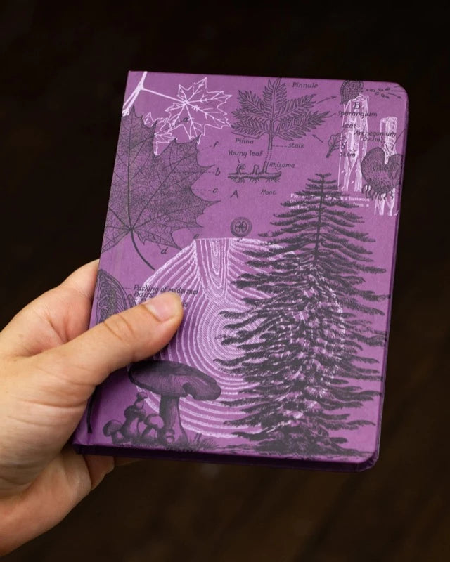 model holding Mini Hardcover notebook in dot grid with forest cover front view