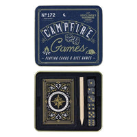Campfire Games playing cards and dice set with packaging on a white background
