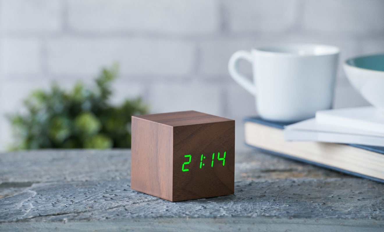 Cube Click Clock- Walnut w/Green LED