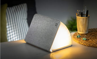Gingko Linen Smart Book Lamp large Urban Grey open on shelf