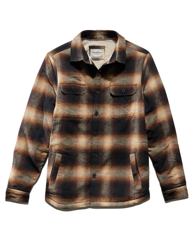 Harmon Sherpa Lined Shirt Jacket in Brown/tan/black Plaid flat lay view