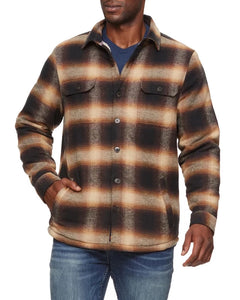 model wearing Harmon Sherpa Lined Shirt Jacket in Brown/tan/black Plaid front view 